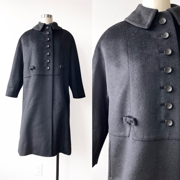 Vintage Seymour Fox Black Wool & Cashmere Bow Accent Button Coat